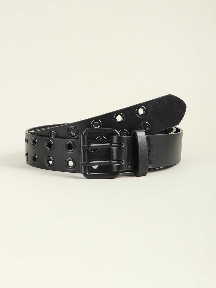 Black vegan leather belt with double grommet detail and double buckle.