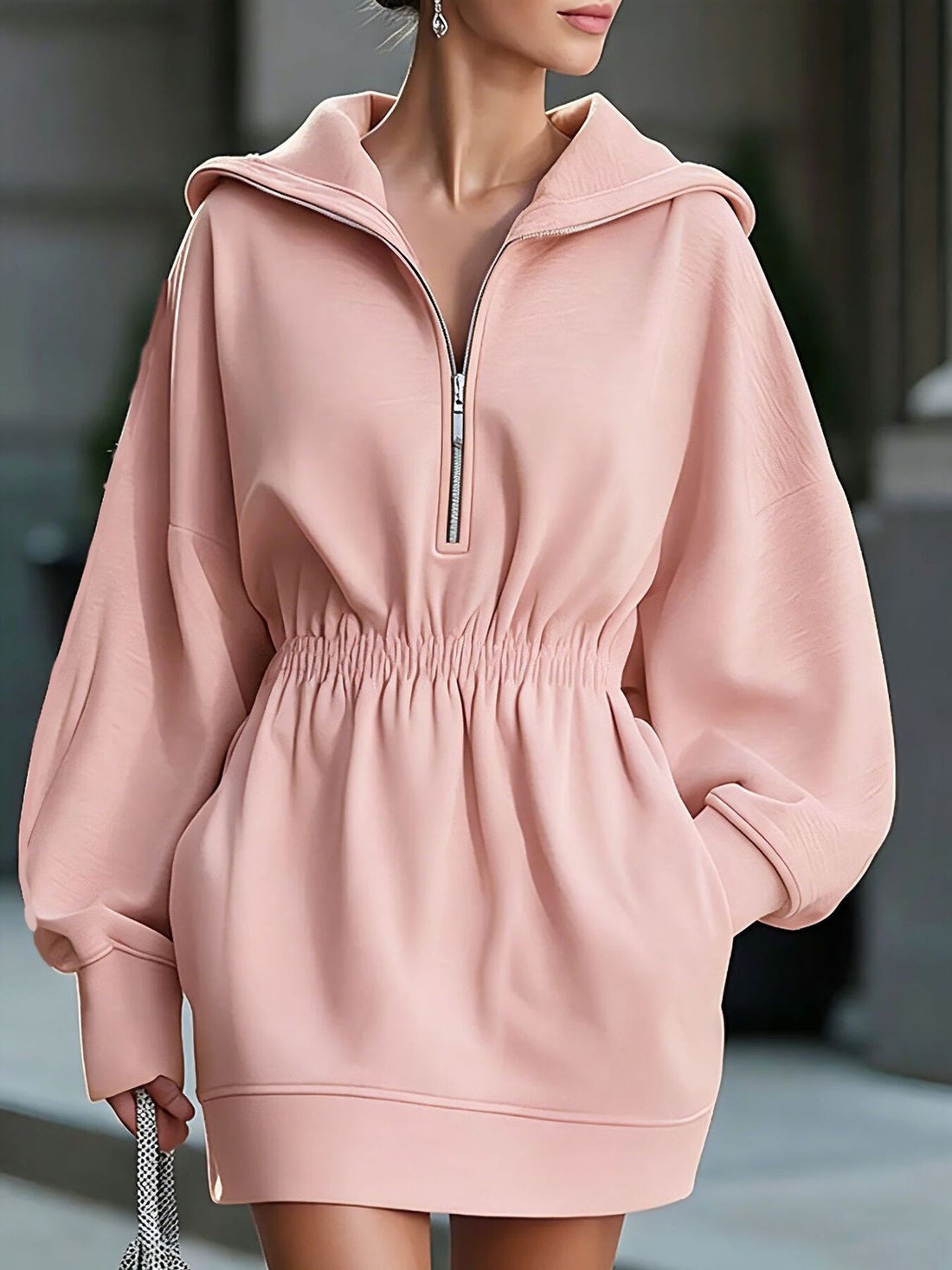 sweater dress in blush pink featuring pocketed and relaxed fit