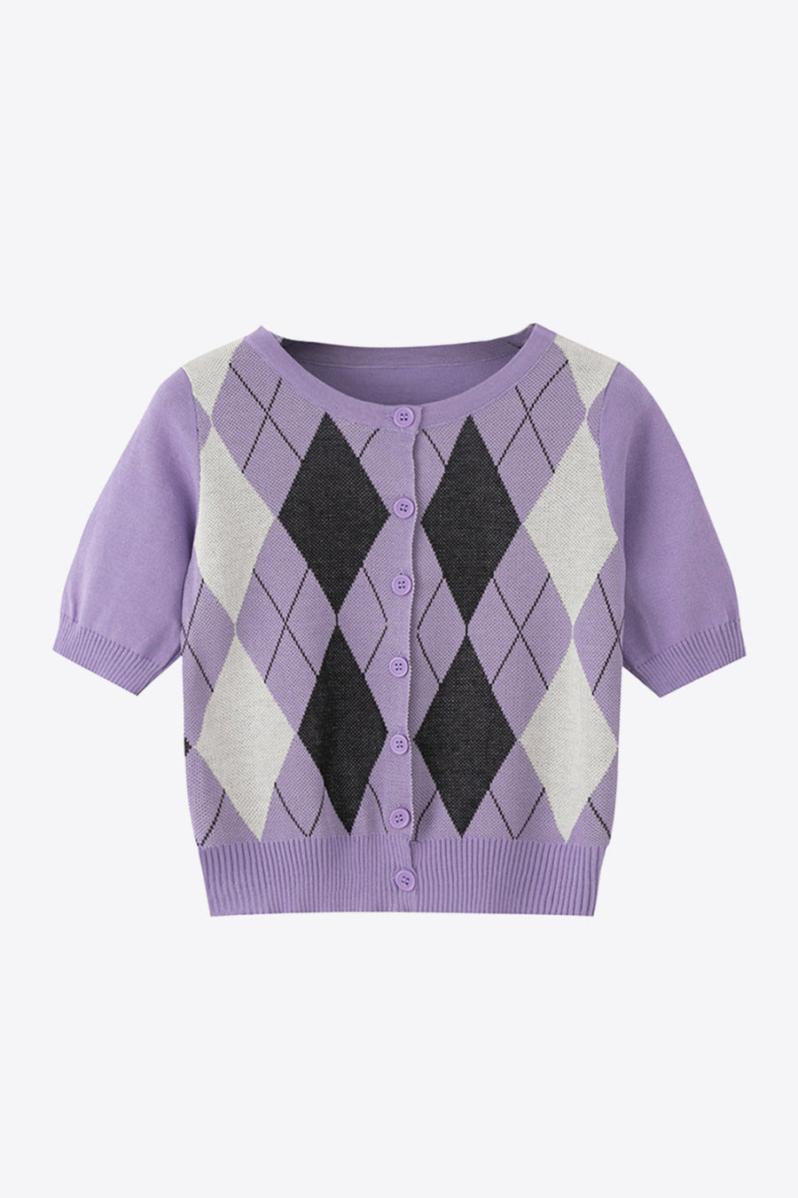 Argyle knit cropped cardigan in lavender with short sleeves and button front.