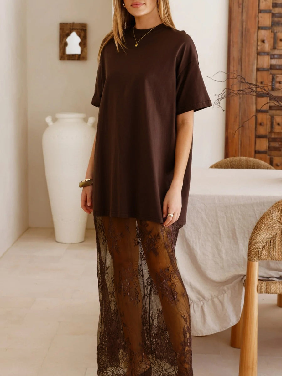 Dark brown t-shirt maxi dress with floral lace skirt overlay