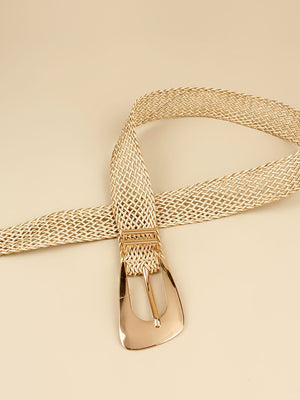 Woven raffia belt in gold with a gold-tone buckle.