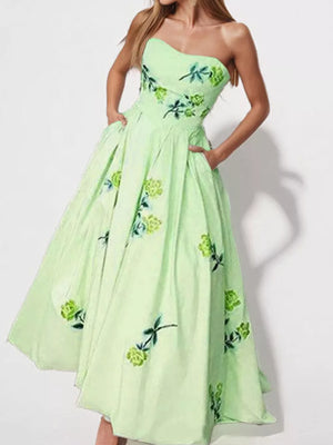Light Green Floral Print Tube Maxi Dress with pockets