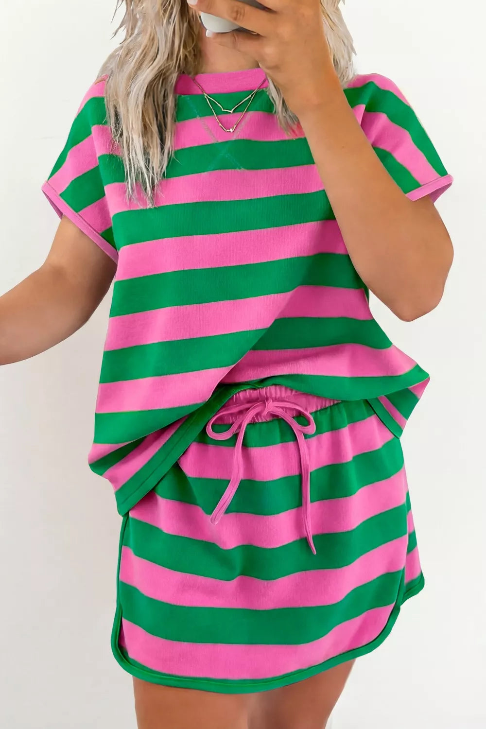 Pink and green striped cotton tee and drawstring shorts set with curved hem.