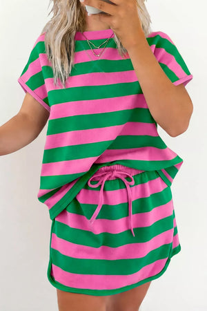 Pink and green striped cotton tee and drawstring shorts set with curved hem.