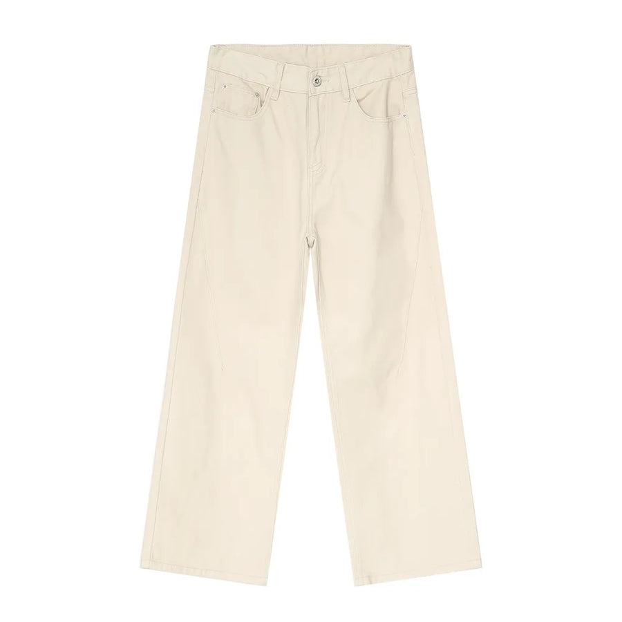 Cream wide-leg denim jeans with angular seam detail and casual fit.