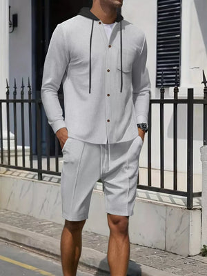 Men's Casual Hooded Button-up Shirt And Shorts Set option 16