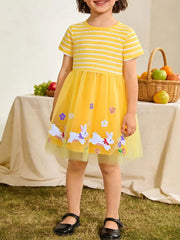 Yellow striped cotton dress with bunny and floral tulle skirt