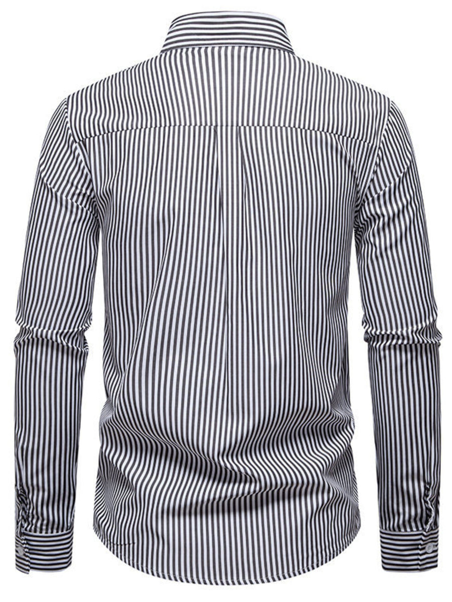 Men's black and white striped long sleeve button-down shirt with collar detail