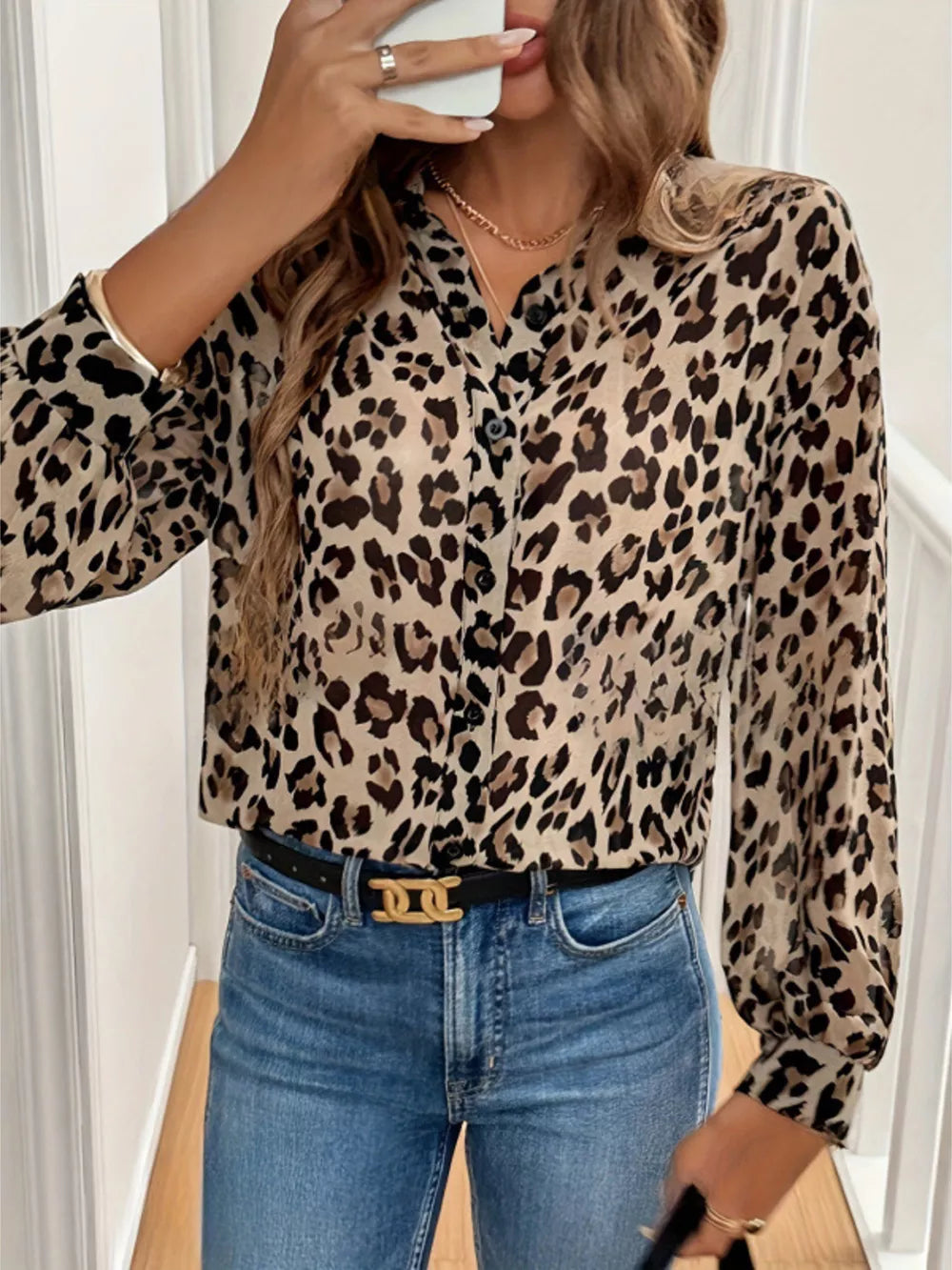 button-down shirt in black with leopard and button cuffs