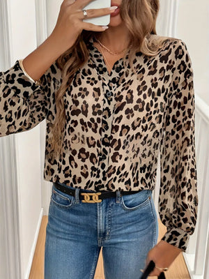 button-down shirt in black with leopard and button cuffs