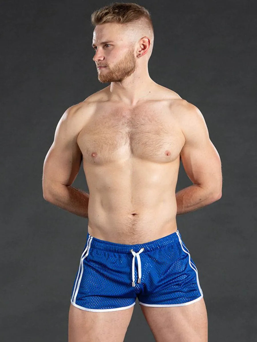 Royal blue athletic mesh shorts with white trim and drawstring waist