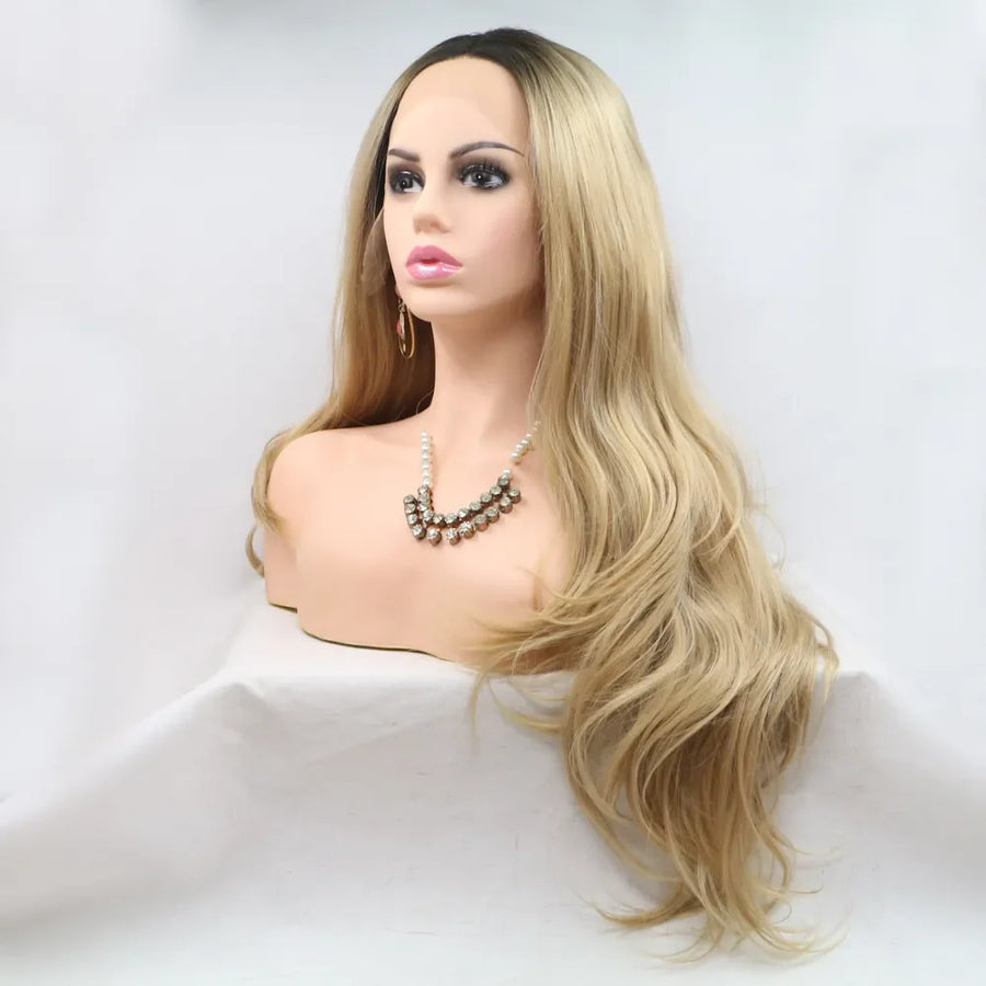 Ombré beach wave lace front wig in brown/khaki, styled on a mannequin with jewelry.