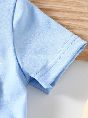 Light blue cotton baby baseball top sleeve detail with double stitching.