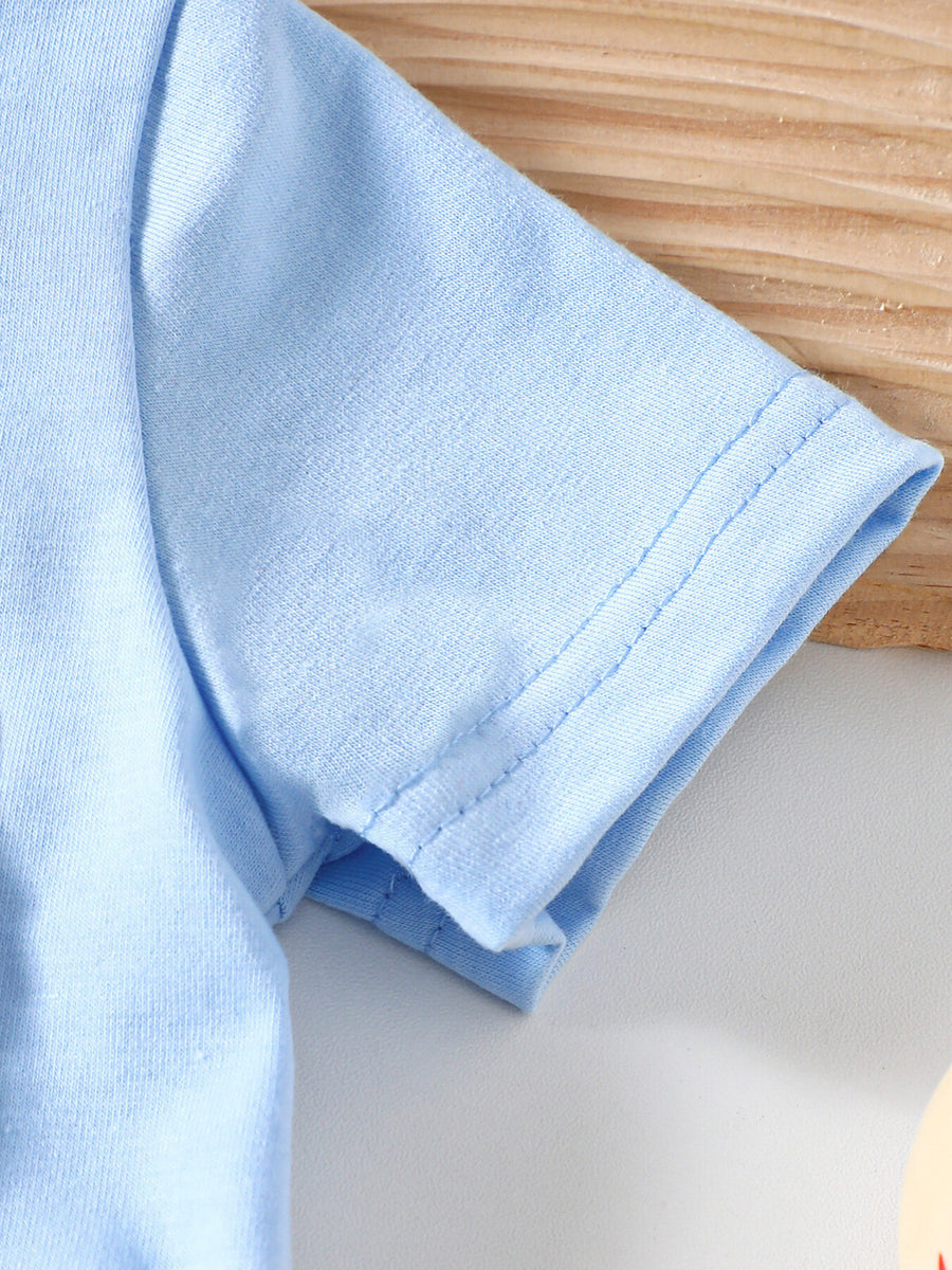 Light blue cotton baby baseball top sleeve detail with double stitching.