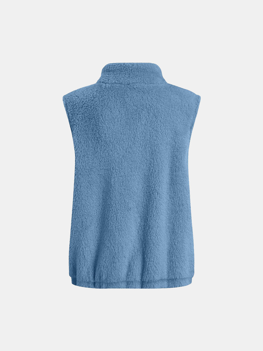 Blue teddy fleece stand-collar vest with elastic hem