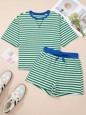 Green and white striped cotton boxy tee and shorts set with blue trim and drawstring.
