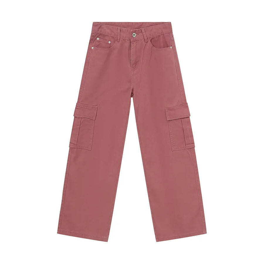 Oversized cargo denim trousers in dusty pink with large side pockets and a relaxed fit.