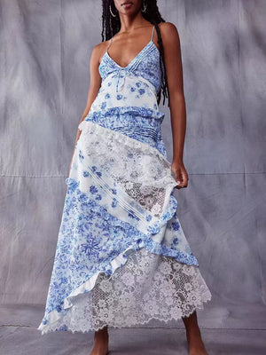 Light blue floral lace maxi dress with ruffles and lace trim.