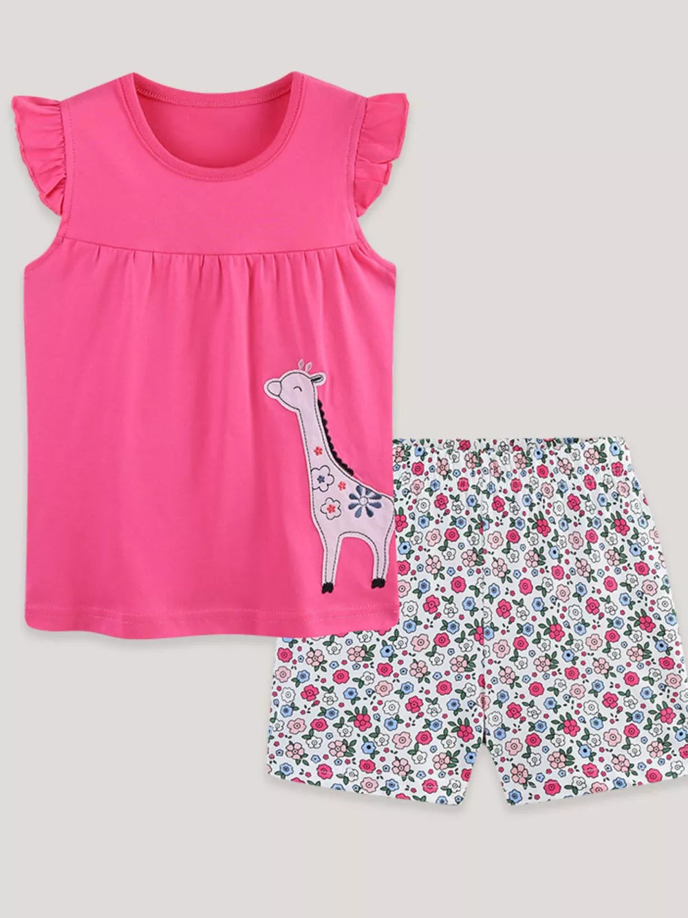 Giraffe applique pink ruffle sleeve top with floral print shorts for toddlers
