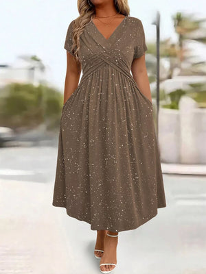 Full Size Glitter Flutter Sleeve Midi Dress Plus Size in Green