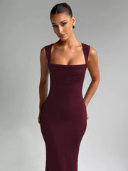 Wine red bodycon maxi dress with square neckline and sleeveless design.