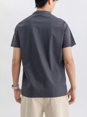Men's dark gray cotton t-shirt with short sleeves and a band collar.