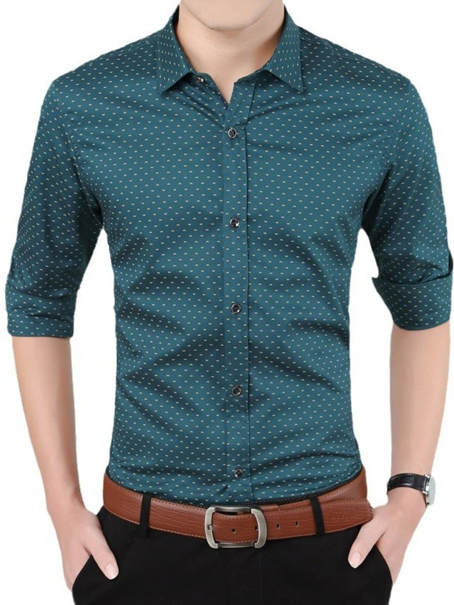 Men's slim fit button-down shirt in green with a subtle dot pattern.