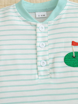 Baby bodysuit with mint stripes, golf applique, and button placket.
