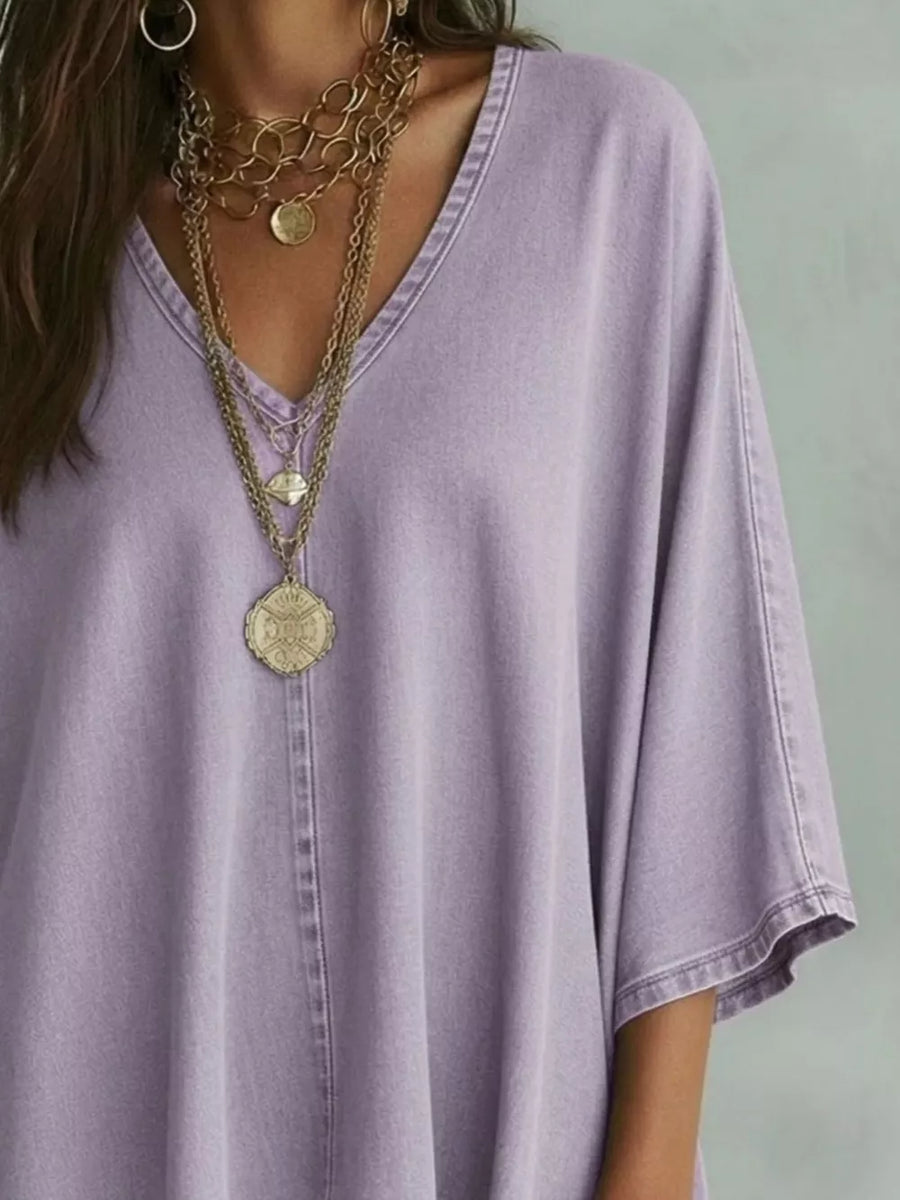 Apricot V-neck Batwing Sleeve T-shirt