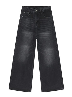 Black denim palazzo trousers with a buttoned waist and wide leg.