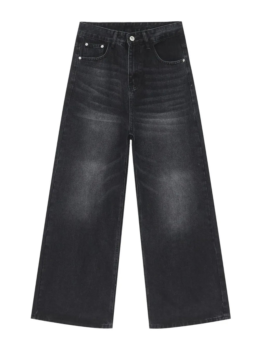 Black denim palazzo trousers with a buttoned waist and wide leg.