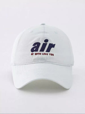 White baseball cap with embroidered "air" and "of with love you" text.