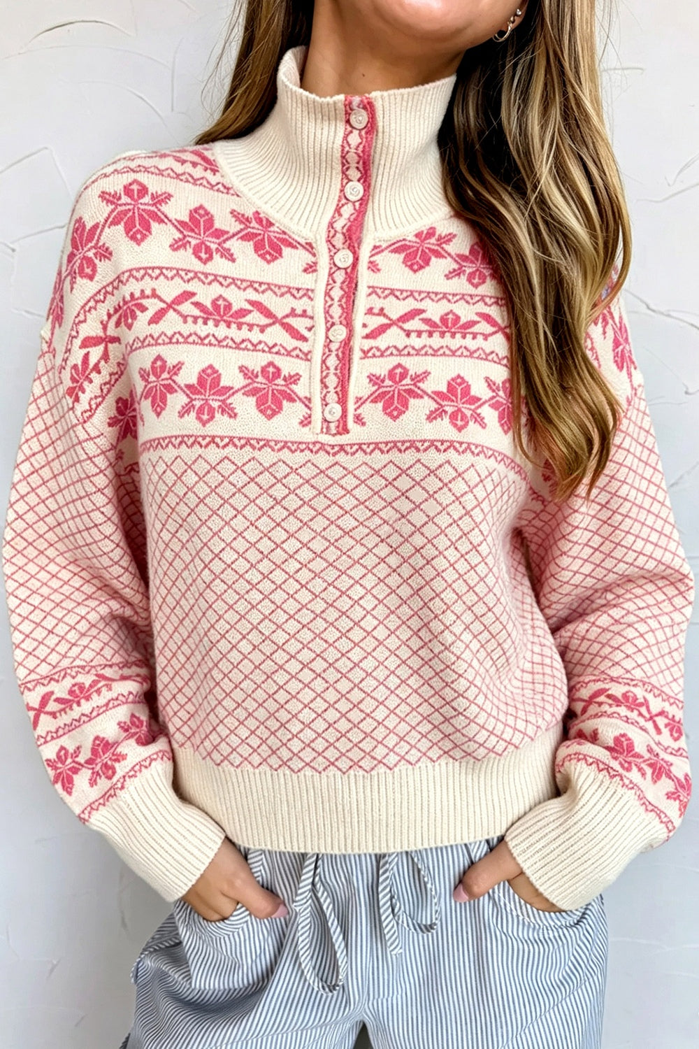 ivory pullover sweater with fair isle and mock neck
