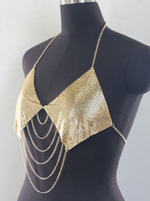 Silver halter top with layered chains and sleeveless