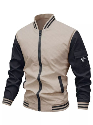 Contemporary bomber jacket in khaki with black sleeves, ribbed collar, cuffs, and hem.