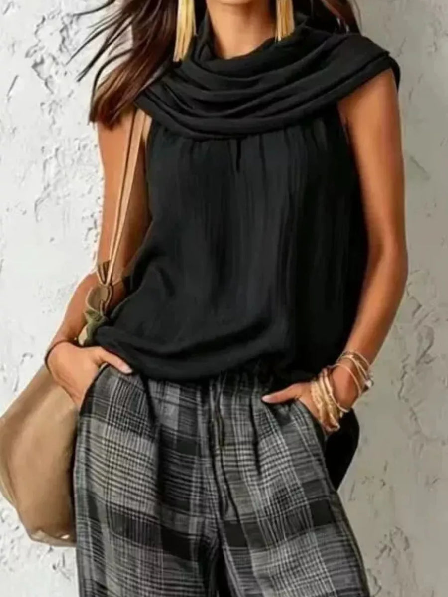 gray two-piece set featuring drawstring and plaid