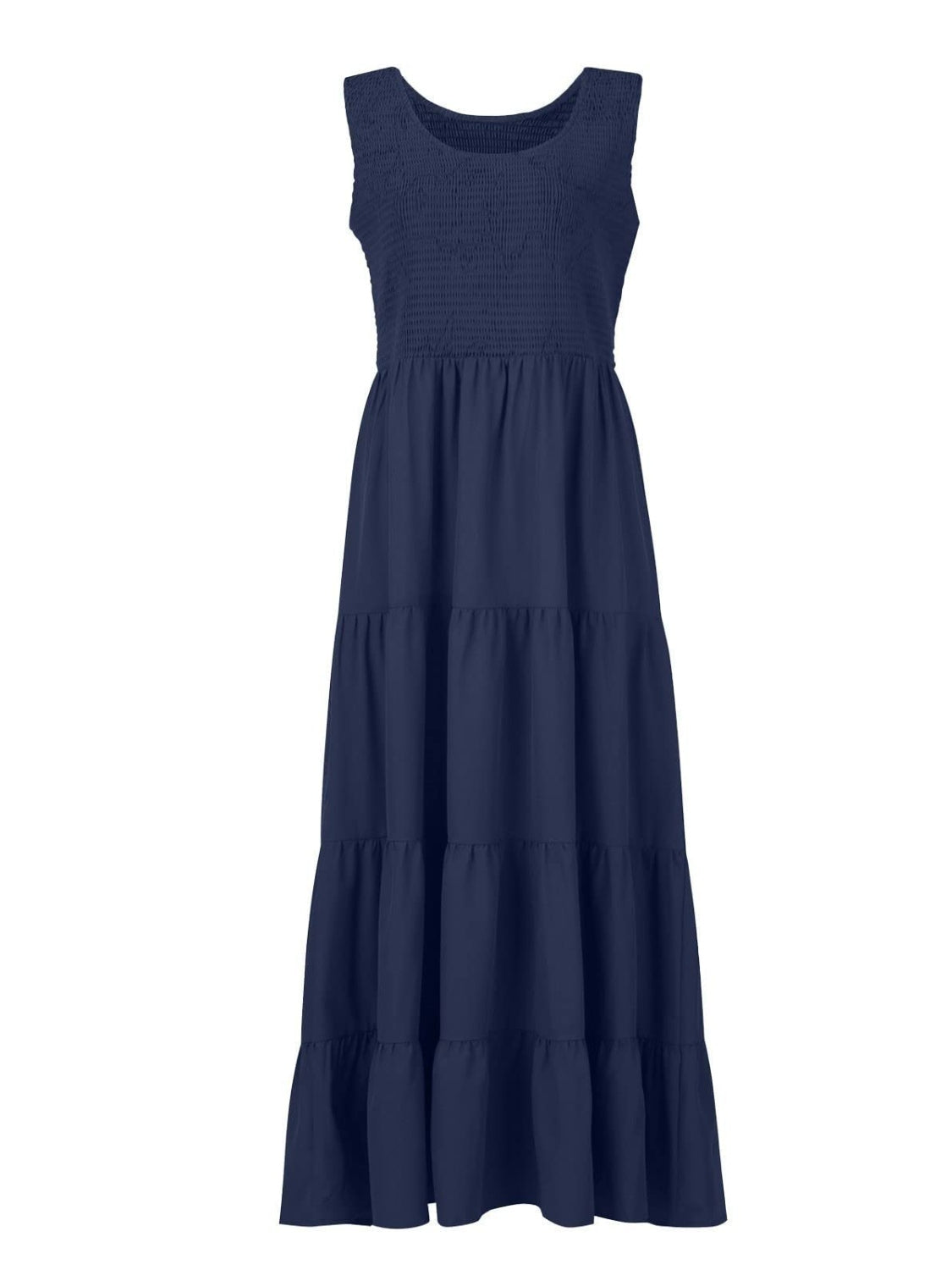 Dark Blue smocked bodice ruffled maxi dress with tiered skirt.