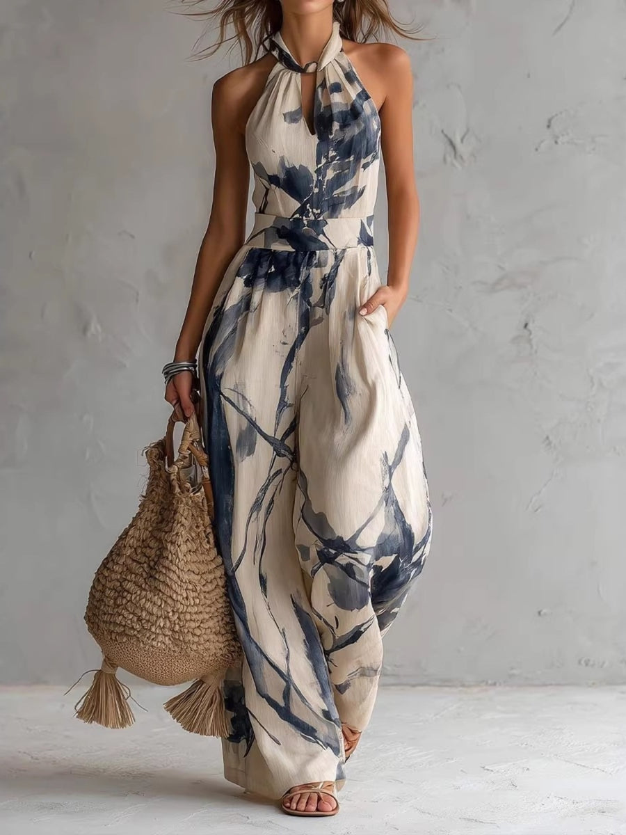 ivory jumpsuit with abstract and halter