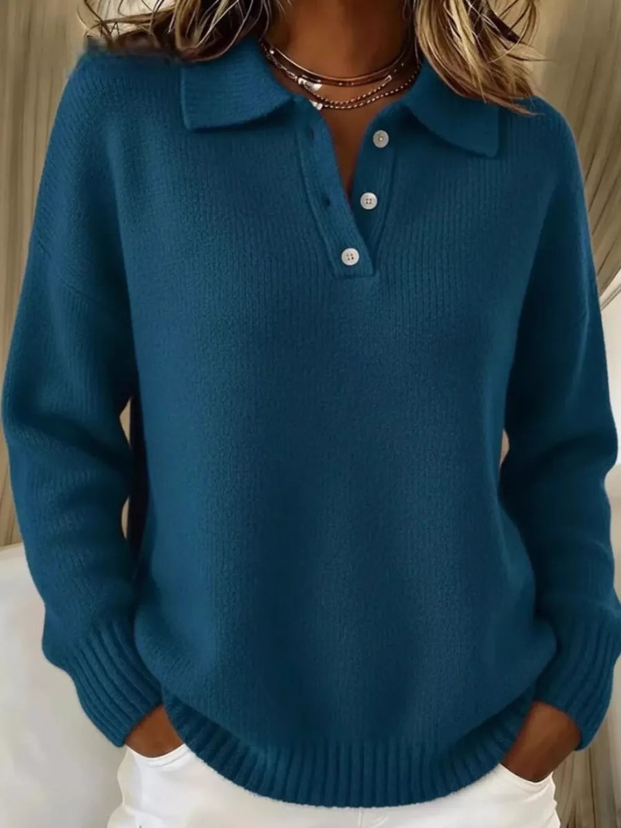 Red pullover sweater with hip-length and half-button