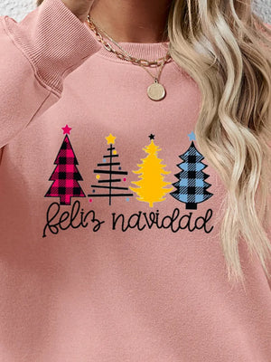 Blush pink crewneck sweatshirt with Feliz Navidad graphic and Christmas trees.