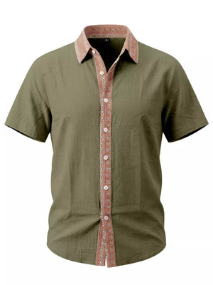 Men's Casual Short Sleeve Linen Shirt Plus Size in Khaki with buttoned
