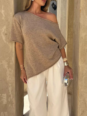 Khaki with One Shoulder Short Sleeve Knit Top