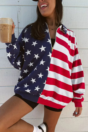 Patriotic print half-zip sweatshirt with stars and stripes, polyester, collared neckline.