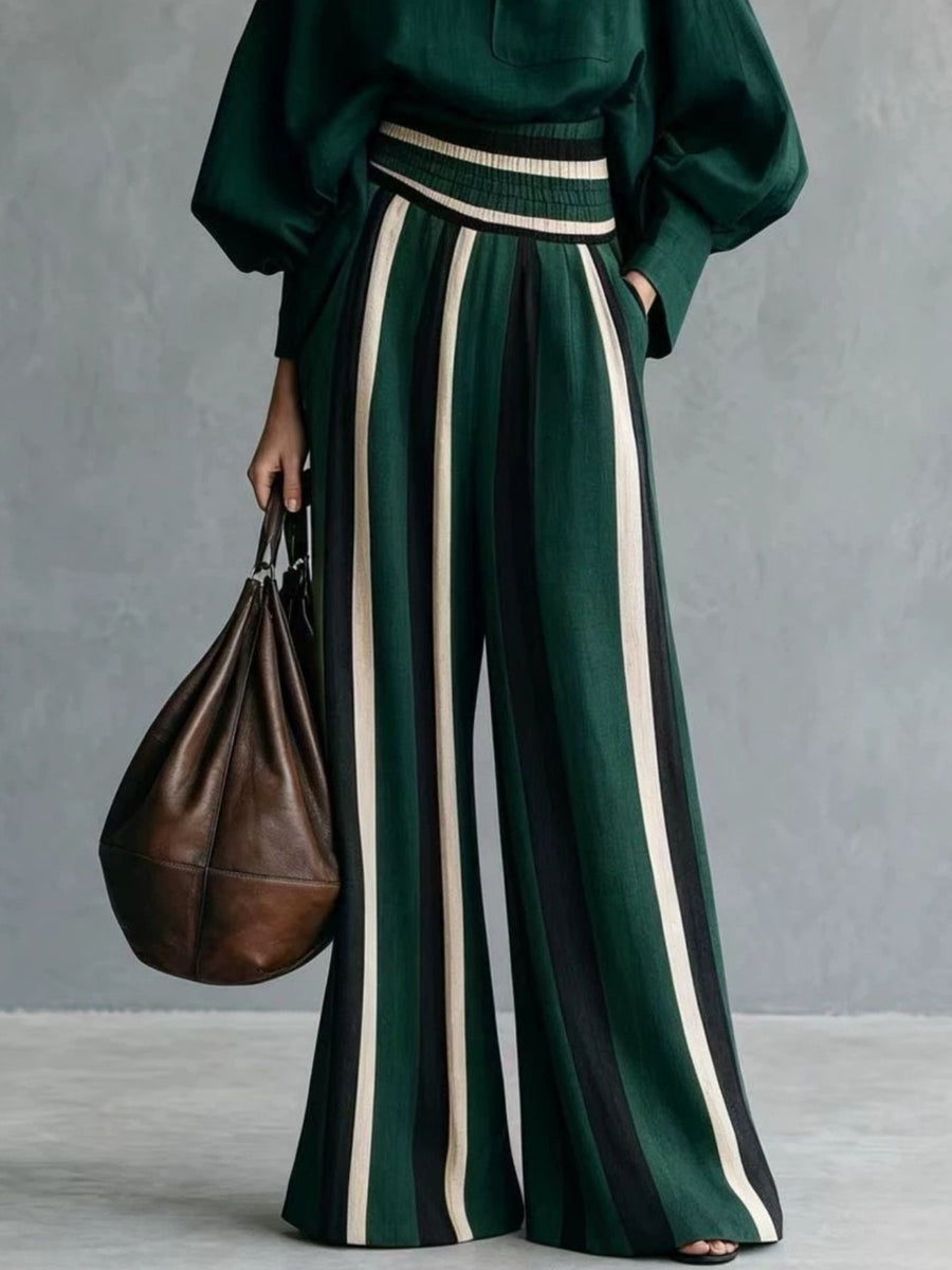 Mock Neck Top And Striped Wide-Leg Pants Set Plus Size in Caramel with pocketed