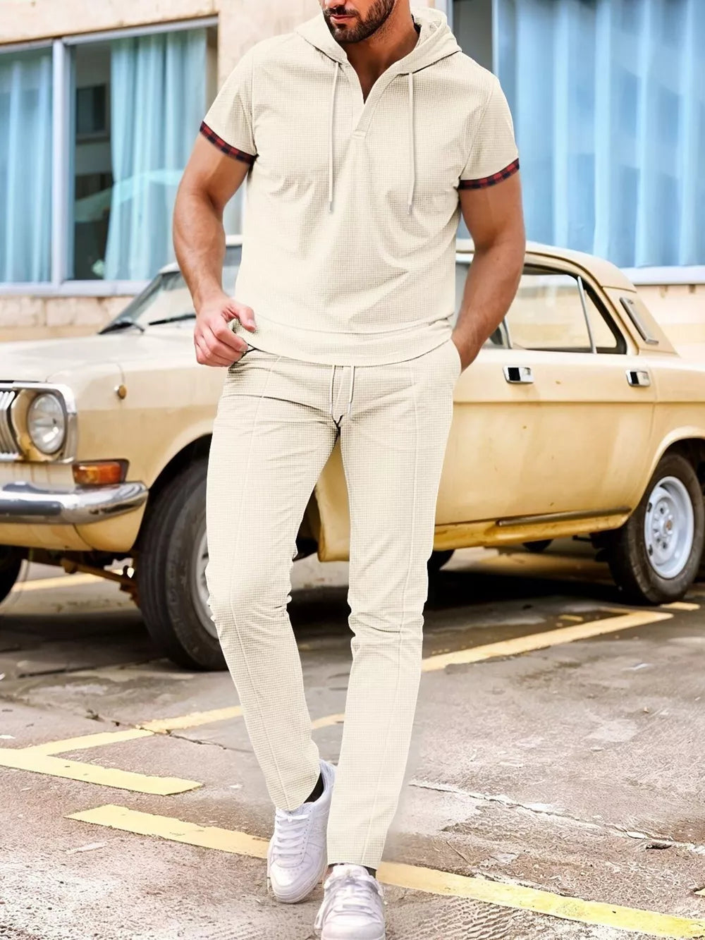 Khaki with Men's Casual Short-sleeve Hoodie And Pants Set in Khaki