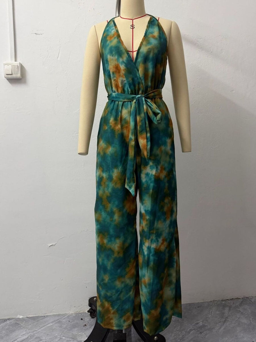 teal jumpsuit with full-length and tie
