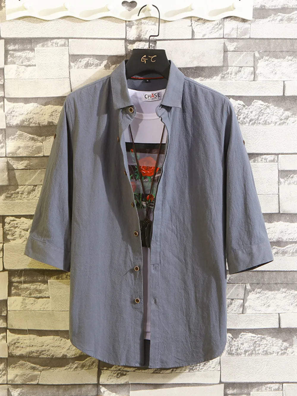 Men's Plus Size Button Up 3/4 Sleeve Shirt in Khakis