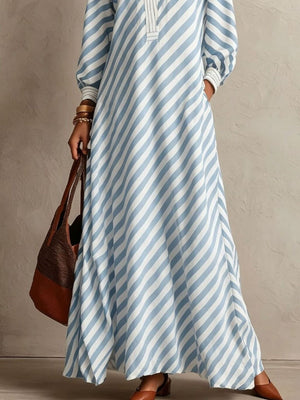 Striped Long Sleeves Maxi Dress in Sage with pocketed