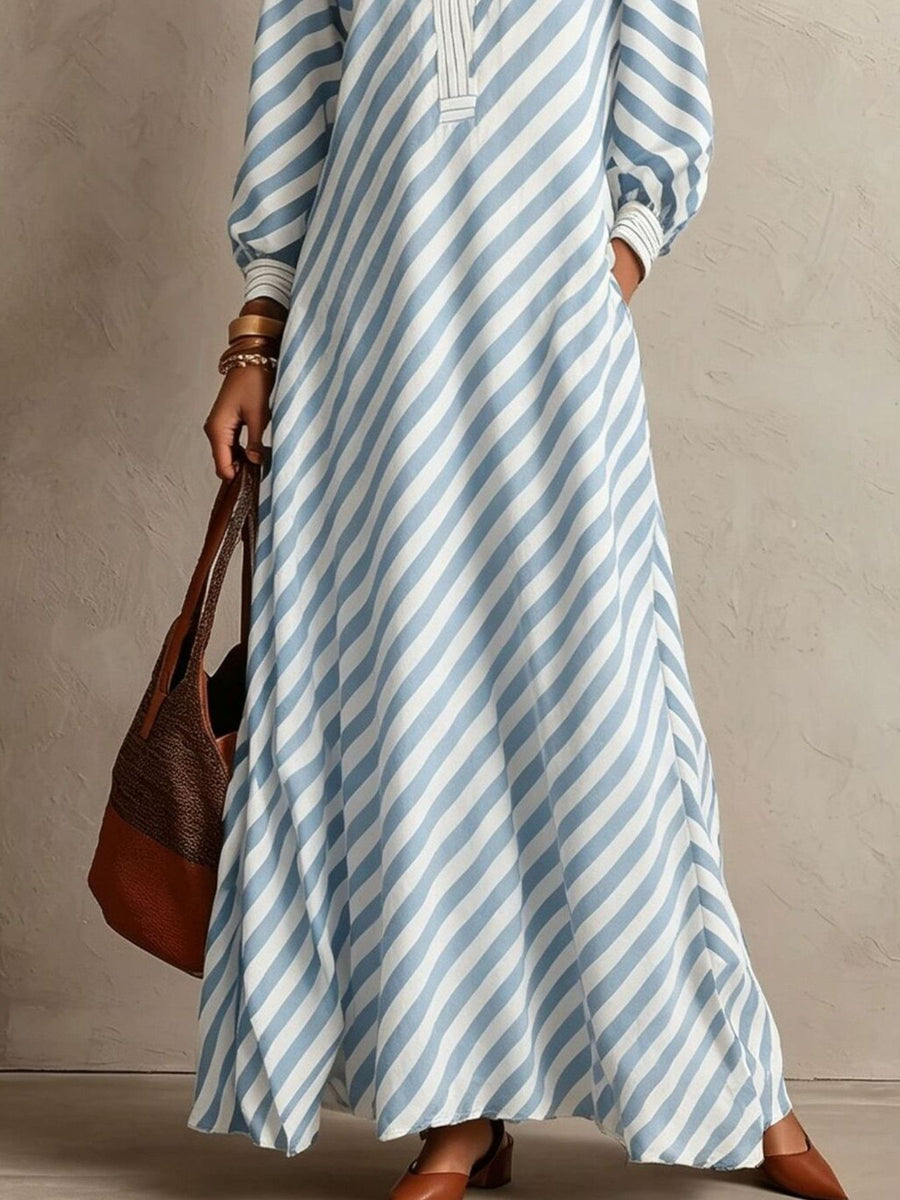 Striped Long Sleeves Maxi Dress in Sage with pocketed