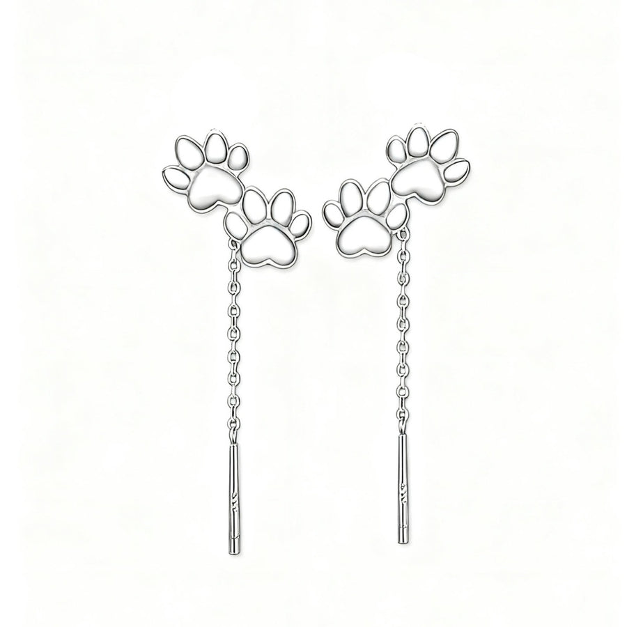 Silver paw print drop earrings with chain and bar detail